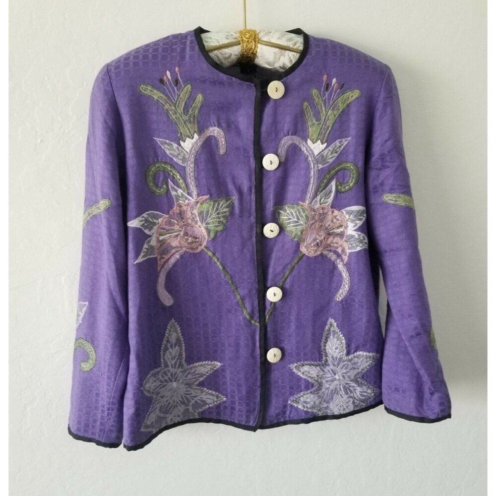 Alex Kim Womens Small Button Up Floral Embroidered Jacket Purple Lightweight